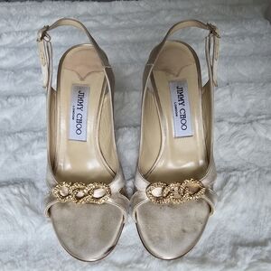 Jimmy Choo Nude Satin Heron Gold Rhinestone Pumps w/ Box & Dust Bag